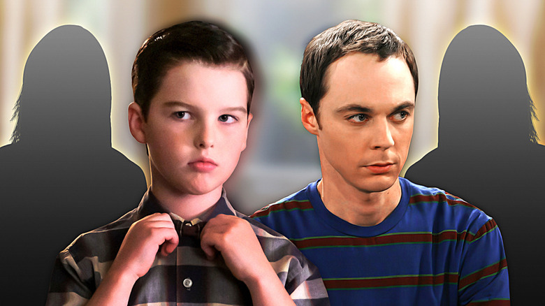 Young and adult Sheldon serious