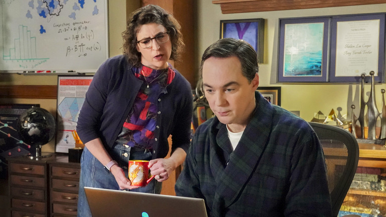 Sheldon and Amy stare at laptop