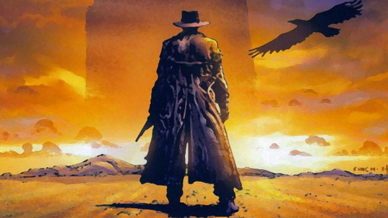 The Gunslinger facing into the distance back view with a crow flying nearby