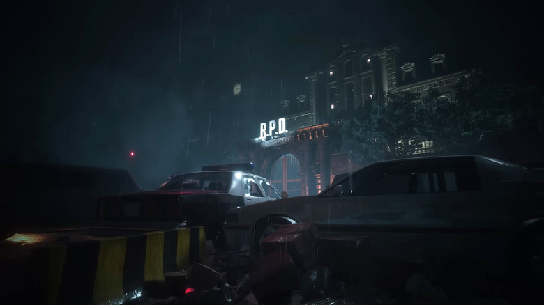 Cars parked outside of the Raccoon City Police Department in Resident Evil 2