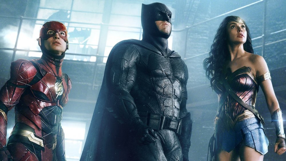 Ezra Miller as the Flash, Ben Affleck as Batman, and Gal Gadot as Wonder Woman in Justice League