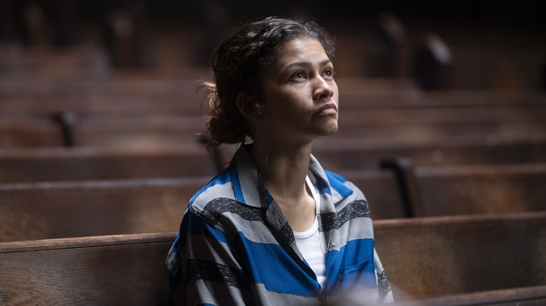 Zendaya in a church pew looking up on Euphoria