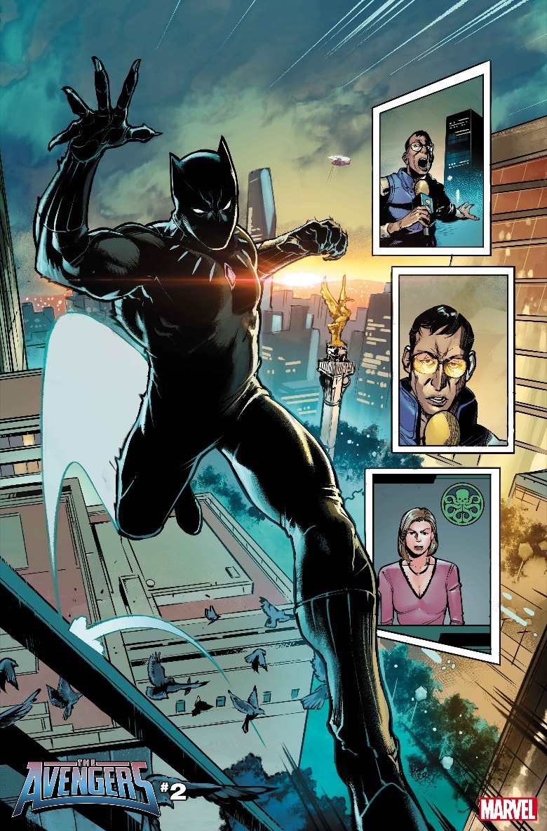 Black Panther dashing across the city skyline