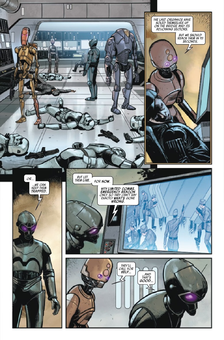 Droids watch the Imperial soldiers