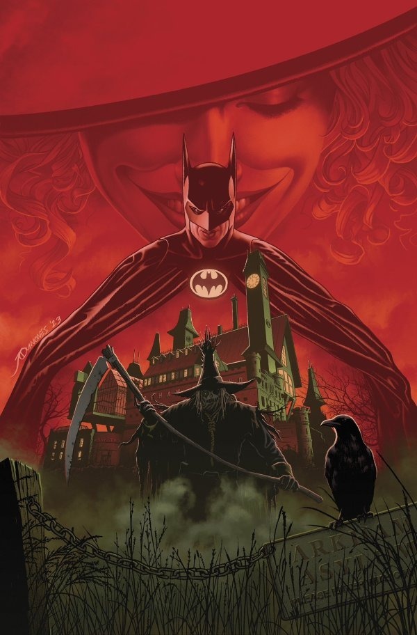 Harley Quinn hovers above Batman