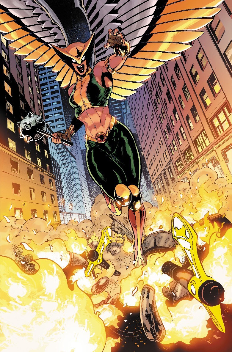Hawkgirl over an explosion