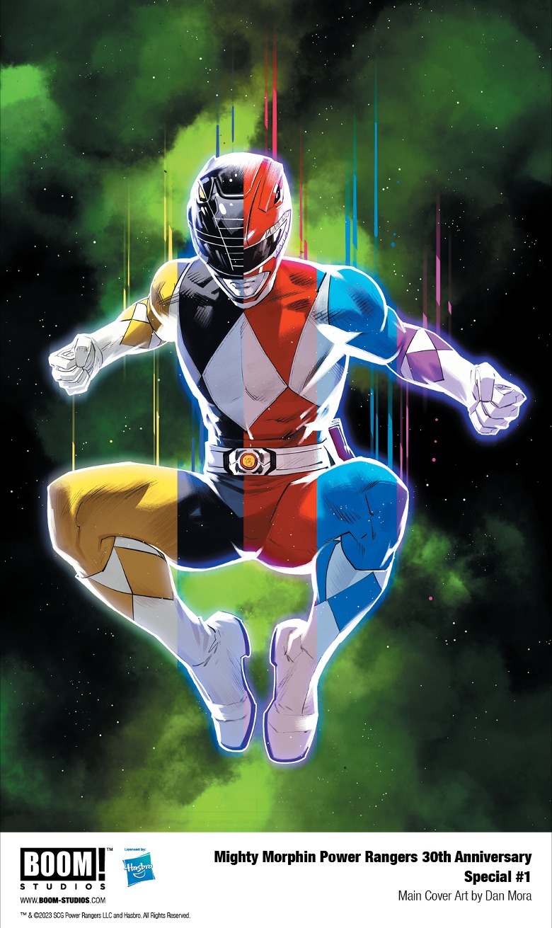 Multicolored Power Ranger jumping into action