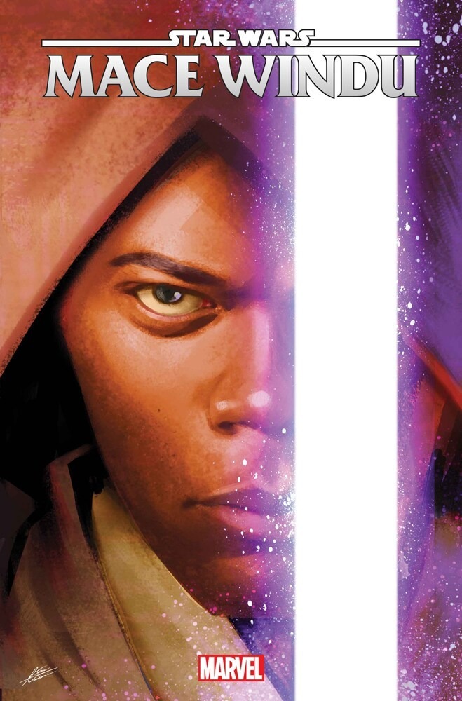 Mace Windu with a lightsaber in front of his face