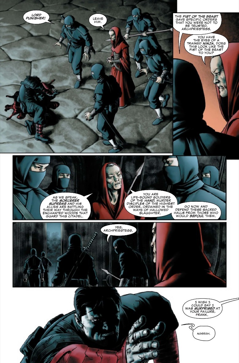 Punisher bleeding out in front of the Archpriestess