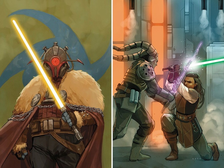 Characters from the High Republic Era wielding lightsabers