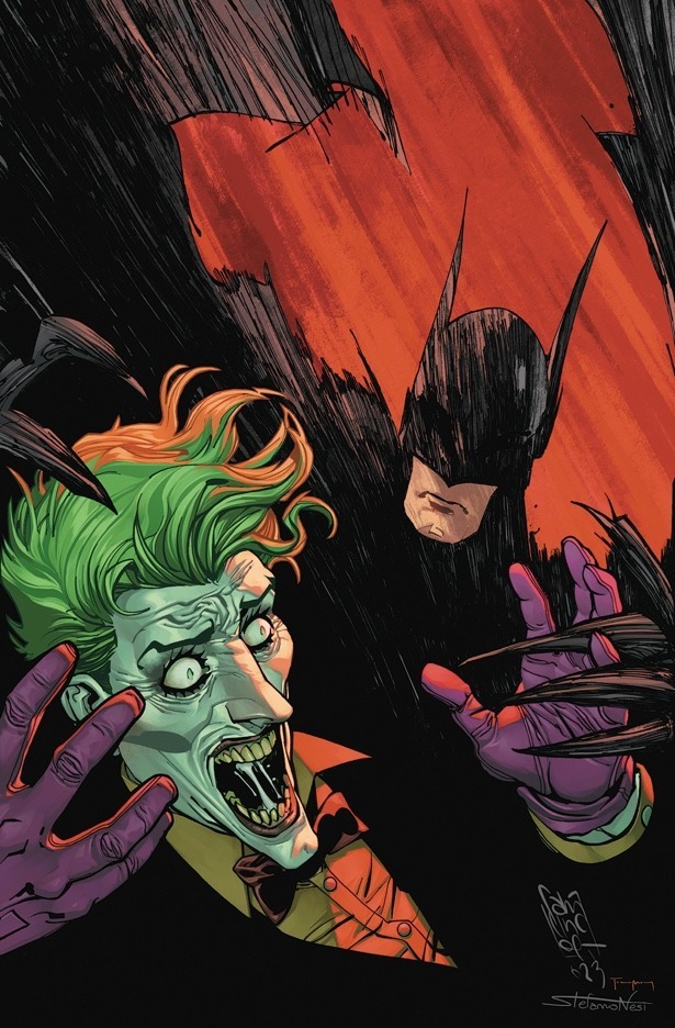 Batman springing on the Joker